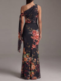 Marnie - Black One-Shoulder Printed Pleated Chiffon Maxi Dress