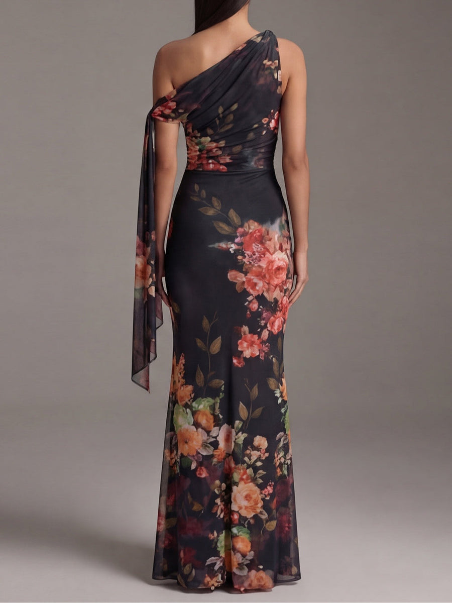 Marnie - Black One-Shoulder Printed Pleated Chiffon Maxi Dress