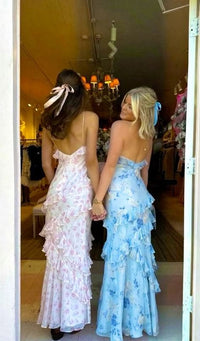 Charming Spaghetti Straps Chiffon Print Prom Dress Ruffles Mermaid