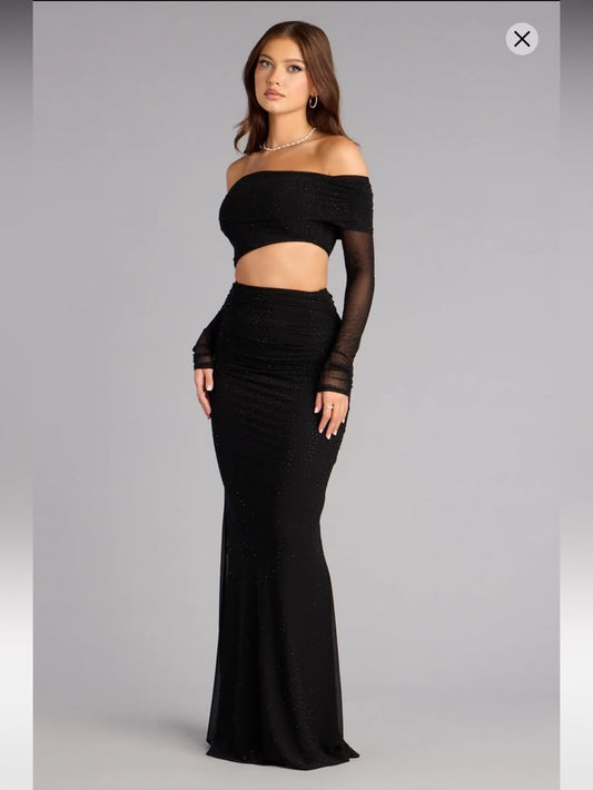 Black Sparkle Off Shoulder Maxi Dress