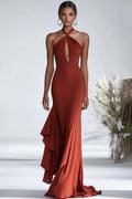 Halter Terracotta Chiffon Ruffles Sheath Red Gala Dress Plum