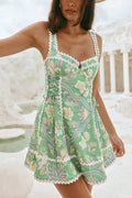 Unique Printed Serrated Trim Suspender Side Tie Vacation Mini Dress
