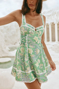 Unique Printed Serrated Trim Suspender Side Tie Vacation Mini Dress