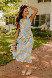 Blue Rose Parade Floral Midi Dress