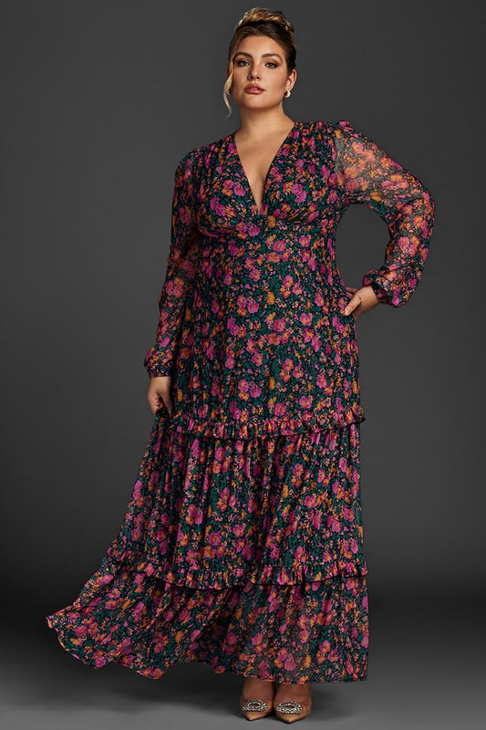 Black Curveins Plus Size Floral Print Lantern Sleeve Tiered Maxi Dress