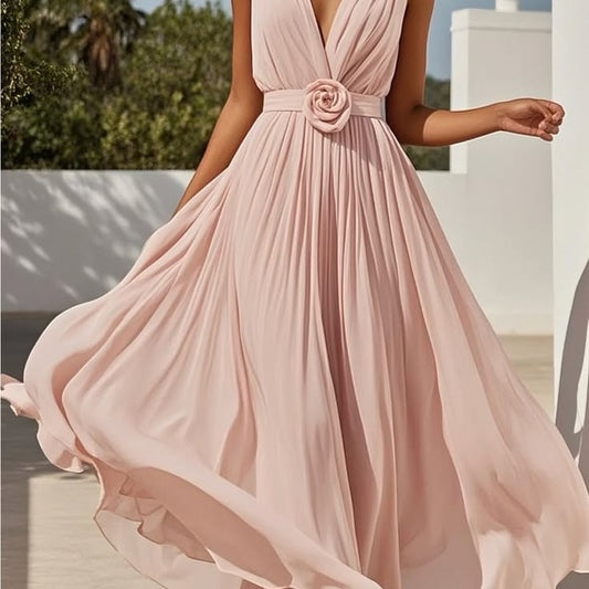 Fehaute Dress Chic Blush Maxi Dress With Rose Detail Color: Pink Size: