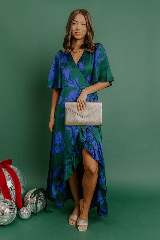 Whispered Florals Satin Wrap Maxi Dress