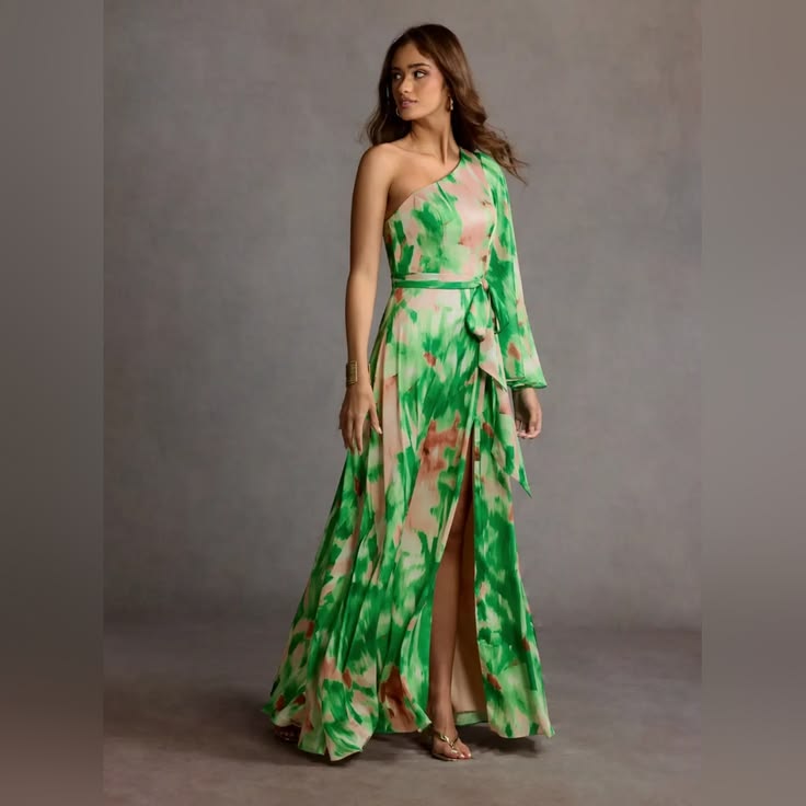 Dress Elegant Green And Pink One Shoulder Dress Color: Green Red Size: