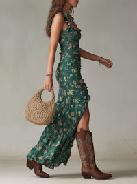 Agnes - Bohemian Green Printed Maxi Dress with Ruffled Sleeves
