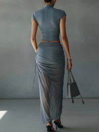 Elin - Blue Cropped T-Shirt and Sheer Mesh Draped Skirt Set