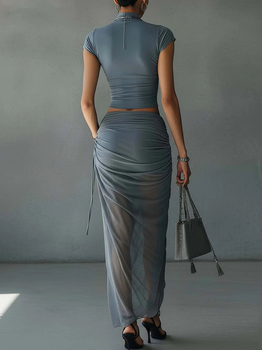 Elin - Blue Cropped T-Shirt and Sheer Mesh Draped Skirt Set