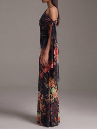 Marnie - Black One-Shoulder Printed Pleated Chiffon Maxi Dress
