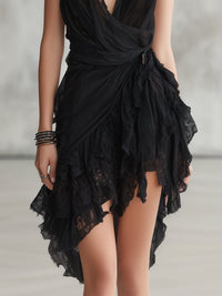 Hallie - Black Halter Neck Lace Ruffled Mini Dress