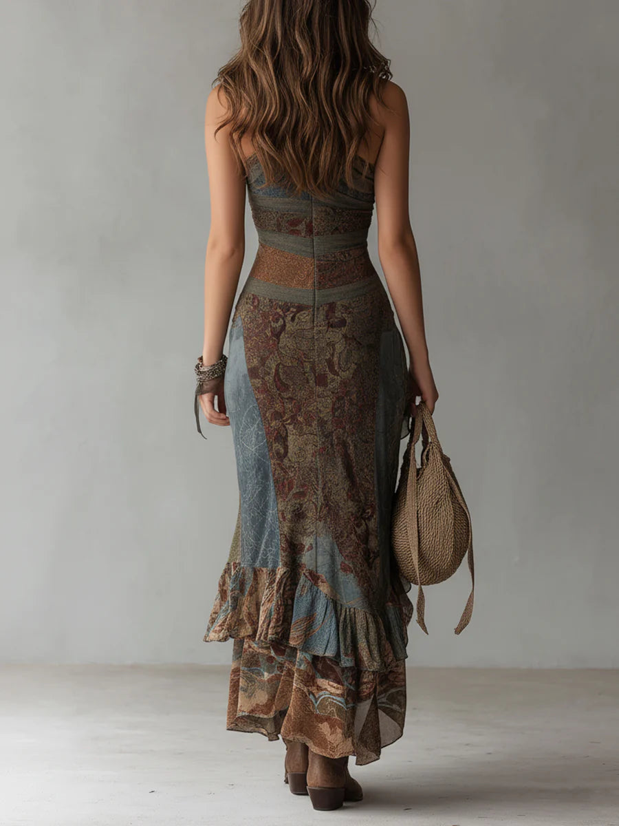 Runa - Ethnic Print One-Shoulder High Slit Maxi Dress