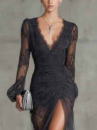 Lena - Dark Grey Lace Ruched Sheer Long Sleeve Slit Maxi Dress