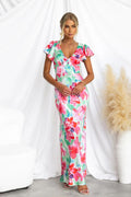 Flower Print V-neck Peplum Sleeve Maxi Dress Pink-L