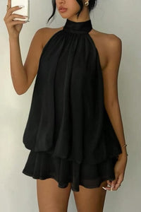 Fashionable Chiffon Halter Neck Backless Lace Up Casual Vacation Mini