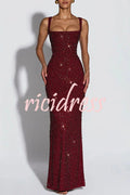 Calanthe Sequin Embellished Chiffon Ruched Square Neck Back Lace Up
