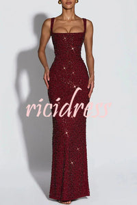 Calanthe Sequin Embellished Chiffon Ruched Square Neck Back Lace Up