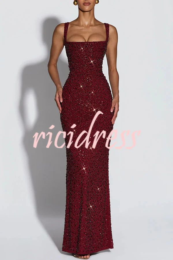 Calanthe Sequin Embellished Chiffon Ruched Square Neck Back Lace Up