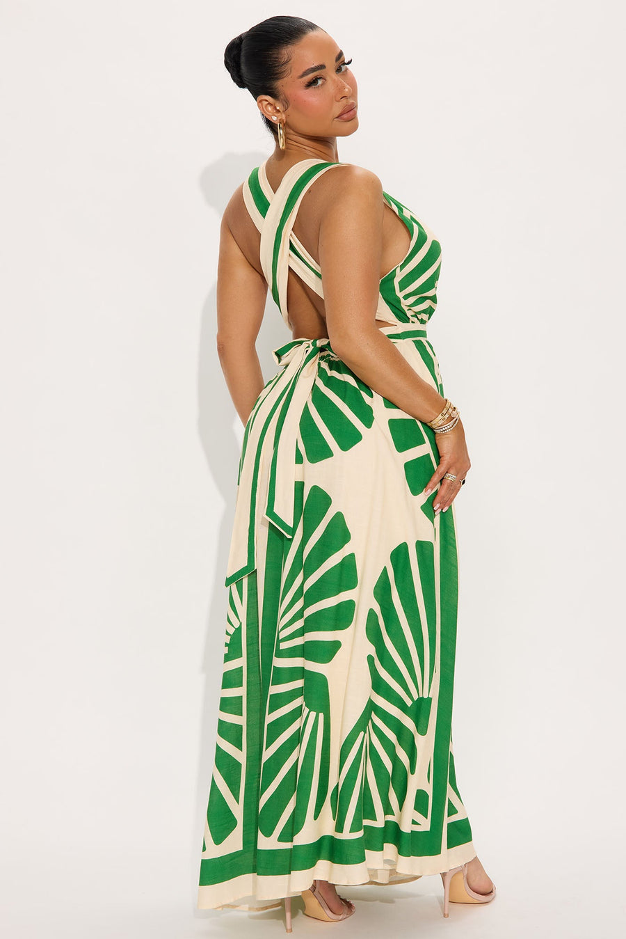 On Vacation Linen Maxi Dress - Green/combo