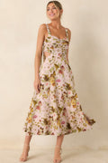 Ciana Pink & Green Floral Linen Midi Dress