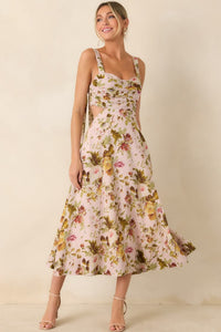 Ciana Pink & Green Floral Linen Midi Dress