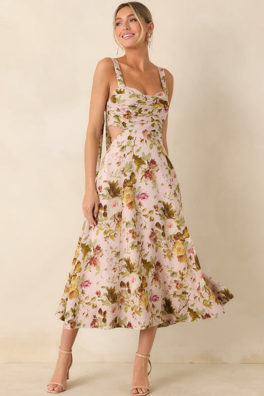 Ciana Pink & Green Floral Linen Midi Dress
