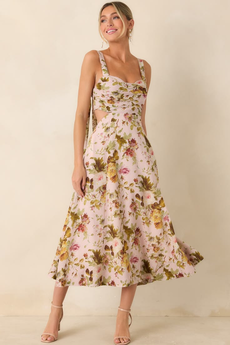 Ciana Pink & Green Floral Linen Midi Dress