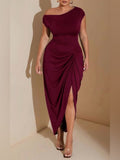 Amazon Dress Amazon One Shoulder Ruched Midi Dress In Burgundy Color: