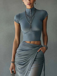 Elin - Blue Cropped T-Shirt and Sheer Mesh Draped Skirt Set