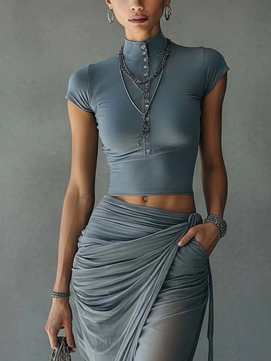 Elin - Blue Cropped T-Shirt and Sheer Mesh Draped Skirt Set