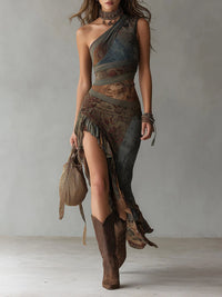 Alicia - Ethnic-Style Printed One-Shoulder Maxi Dress with High Slit