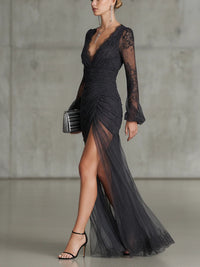 Lena - Dark Grey Lace Ruched Sheer Long Sleeve Slit Maxi Dress