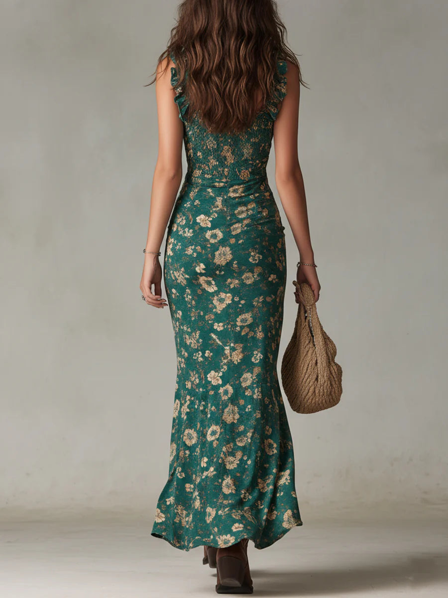 Agnes - Bohemian Green Printed Maxi Dress with Ruffled Sleeves