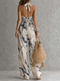 Jennifer - Halter Neck Ink Wash Print Wide Leg Jumpsuit With Pockets