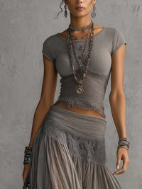 Casey - Grey Sheer Lace-Paneled Top and Pleated Maxi Skirt Set
