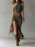 Runa - Ethnic Print One-Shoulder High Slit Maxi Dress