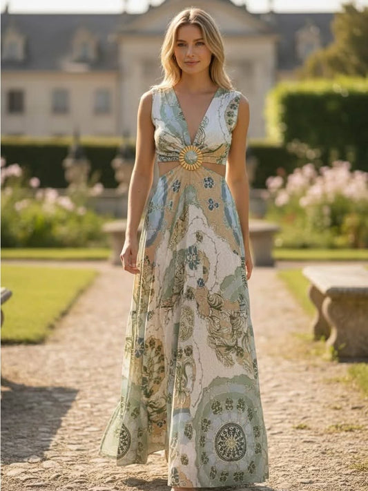 Sleeveless V Neck Floral Maxi Dress In Sage And Cream Color: Cream
