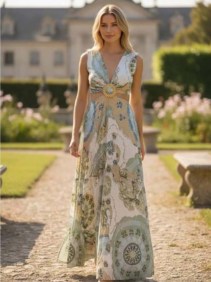 Sleeveless V Neck Floral Maxi Dress In Sage And Cream Color: Cream