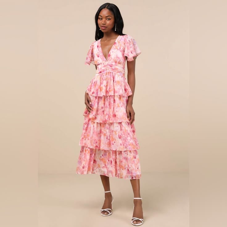 Dress Nalia Pink Abstract Print Tiered Tie Back Midi Dress Size Xs