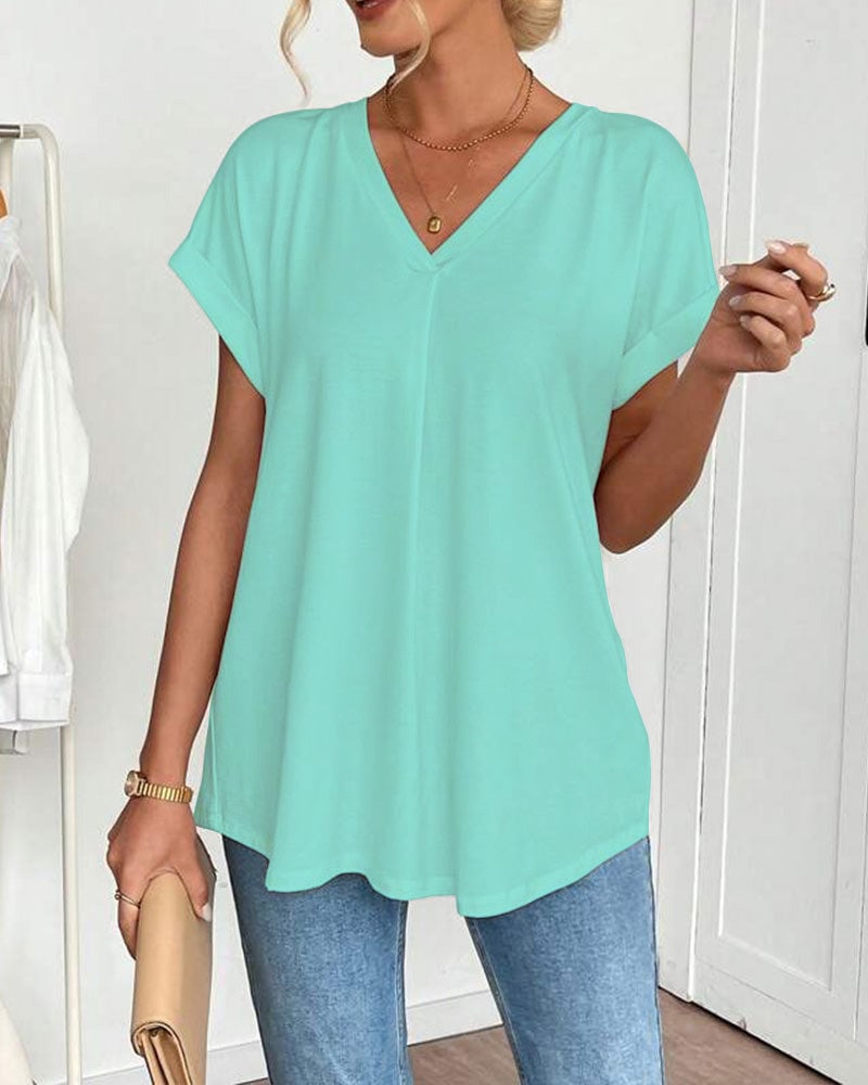 Saffron - Patchwork Back Slimming Cotton V-Neck T-Shirt
