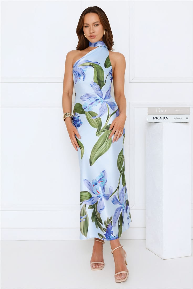 Romance In Bloom Satin Maxi Dress Blue XL Floral