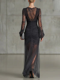 Lena - Dark Grey Lace Ruched Sheer Long Sleeve Slit Maxi Dress