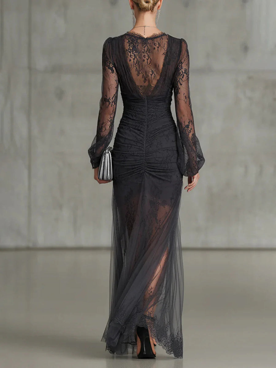 Lena - Dark Grey Lace Ruched Sheer Long Sleeve Slit Maxi Dress
