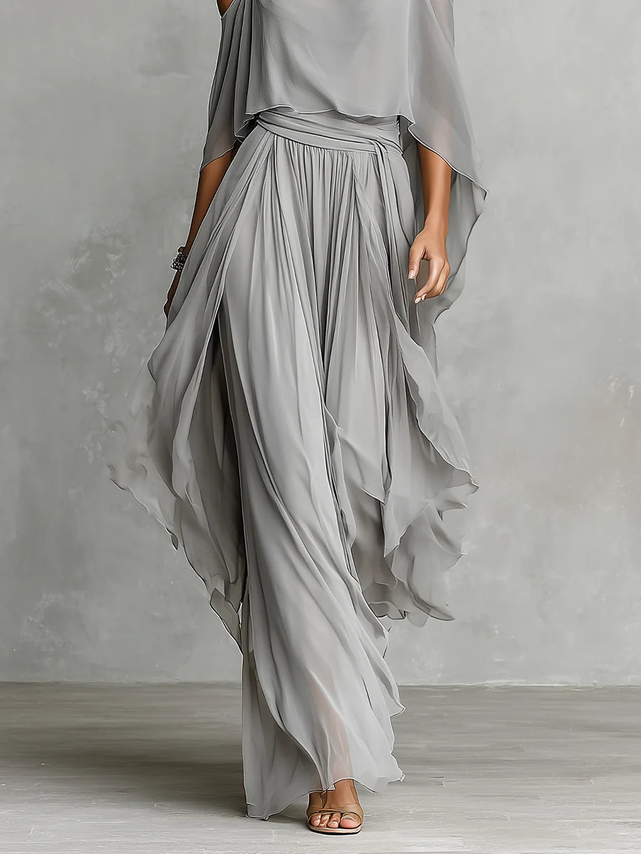 Jasmine - Grey Off-shoulder Flowy Camisole and Trousers Chiffon Set
