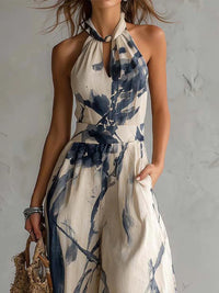 Jennifer - Halter Neck Ink Wash Print Wide Leg Jumpsuit With Pockets