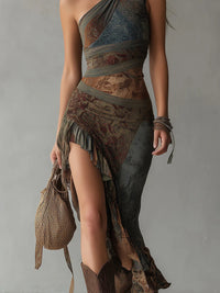 Runa - Ethnic Print One-Shoulder High Slit Maxi Dress