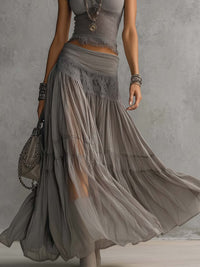 Casey - Grey Sheer Lace-Paneled Top and Pleated Maxi Skirt Set
