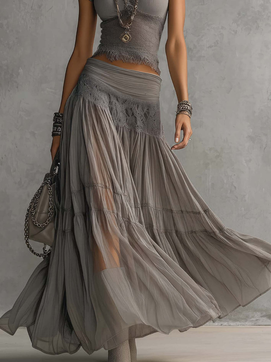 Casey - Grey Sheer Lace-Paneled Top and Pleated Maxi Skirt Set
